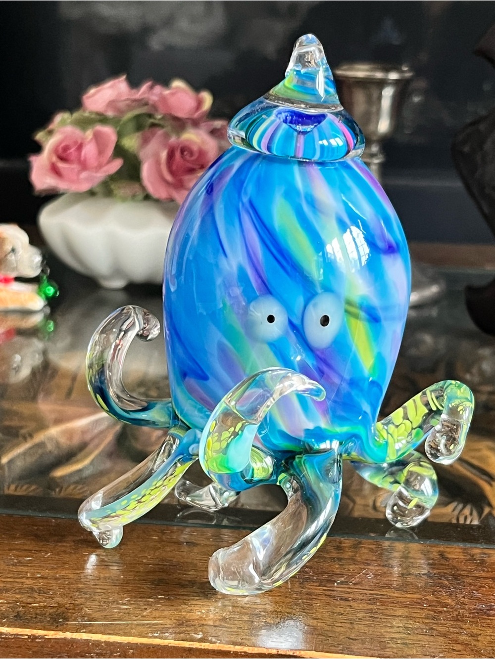 Signed Three Crows Glass Handblown Art Glass Octopus Figurine Blue Green Canada